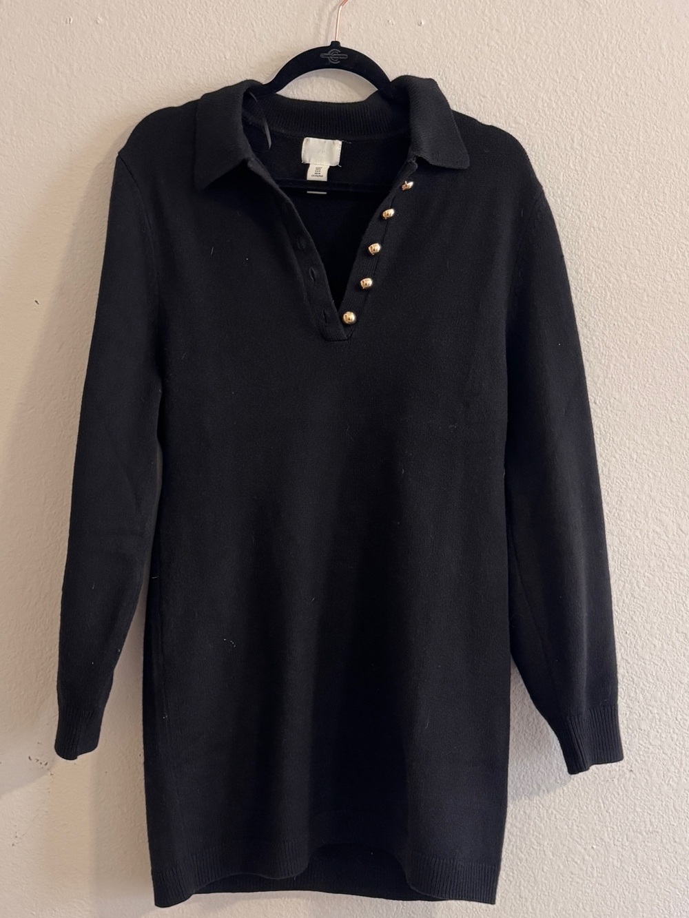 H&M Black Long-Sleeve V-Neck Sweater Dress with Gold Buttons, Size Medium